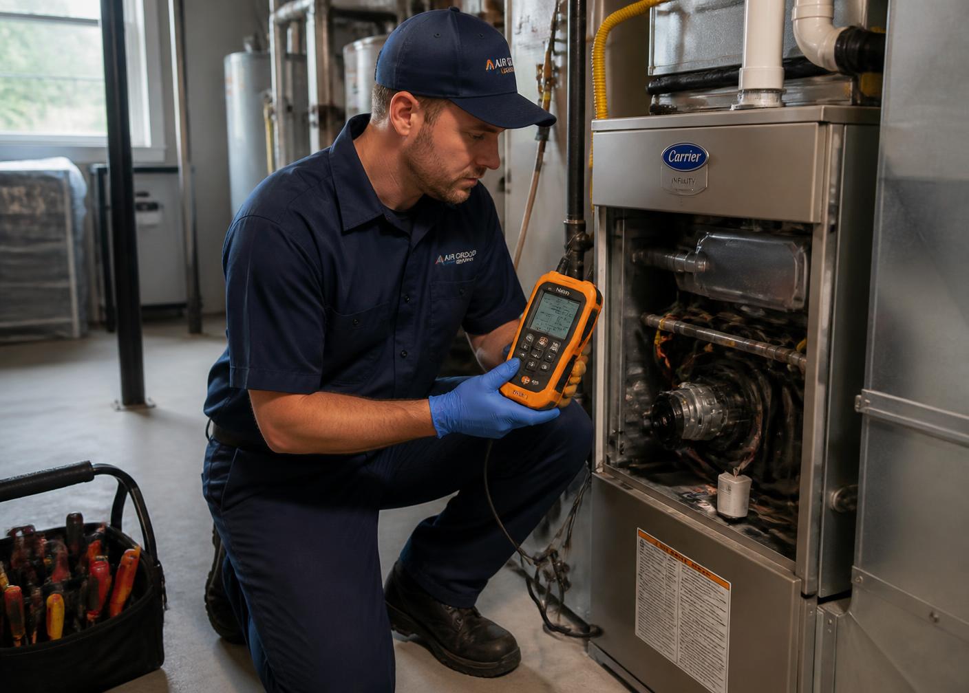 Technician taking combustion readings on a high-efficiency furnace